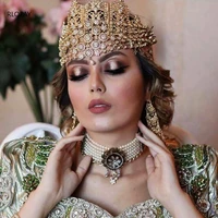 algeria traditional wedding hair chains royal tiara with full crystals luxury gold color wedding headpieces arabic gold crown