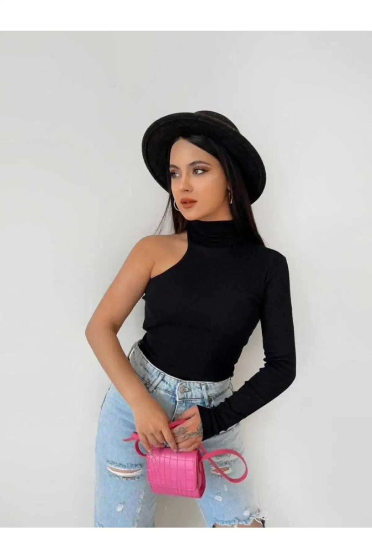 

Women's Bodysuit Black Single Sleeve Half Turtleneck Blouse Rompers Jumpsuits shath Skinny Summer Streetwear