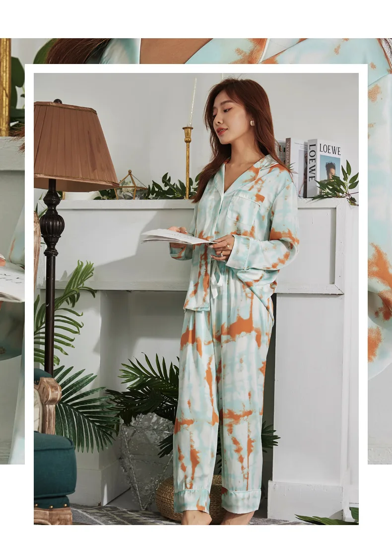 Women's 2 Piece Pajamas Sets Lapel Tie-dyed Pijama Ice Silk Female Pyjama Sleepwear Long Sleeve Shirt Pants Homewear Loungewear