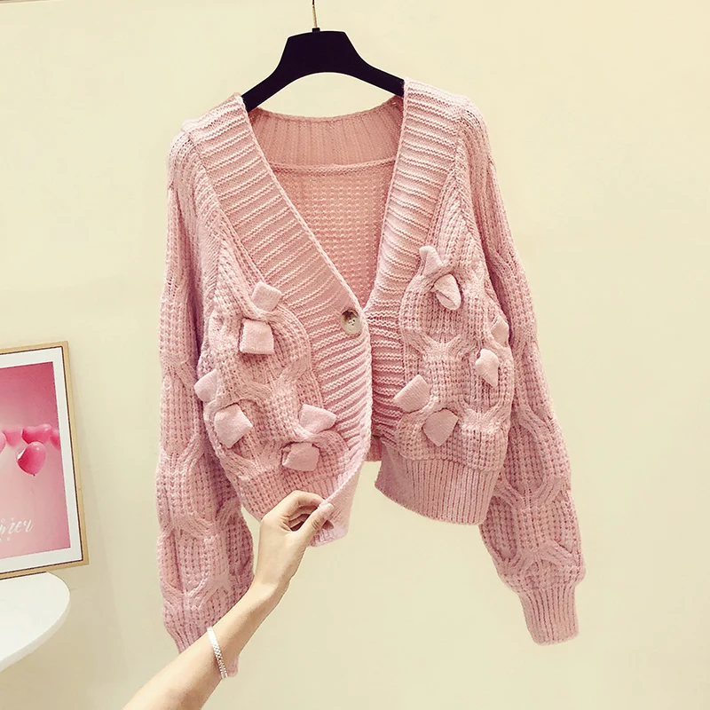 

Утолщенный теплый вязаный женский свитер, кардиган, весна, новинка 2022, рукав-фонарик, свободный, однотонный, Повседневный, подходит ко всему,...