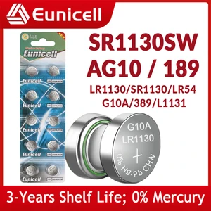 Eunicell 75mAh SR1130 LR1130 AG10 189 Button Pilas Batteries 389 LR54 L1131 389A 1.5V Alkaline Coin Cell For Clock Watch Battery