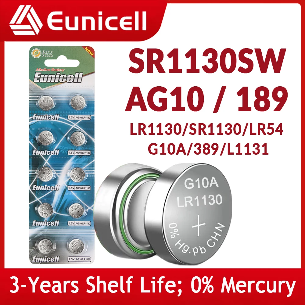 Eunicell 75 мАч SR1130 LR1130 AG10 189 Батарейки Pilas с кнопками 389 LR54 L1131 389A 1 5 В щелочная батарея