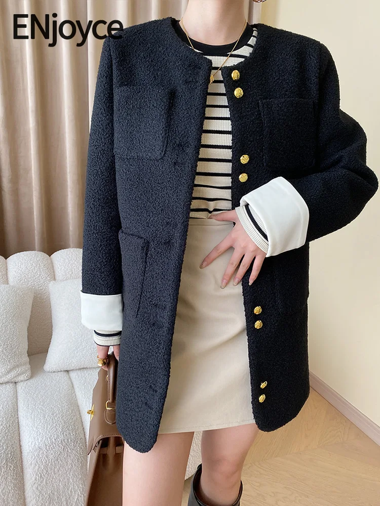 

ENjoyce Spring Fall Women Vintage French Elegant Wool Tweed Jacket Long Black Coats Ladies Loose Workwear Overcoat