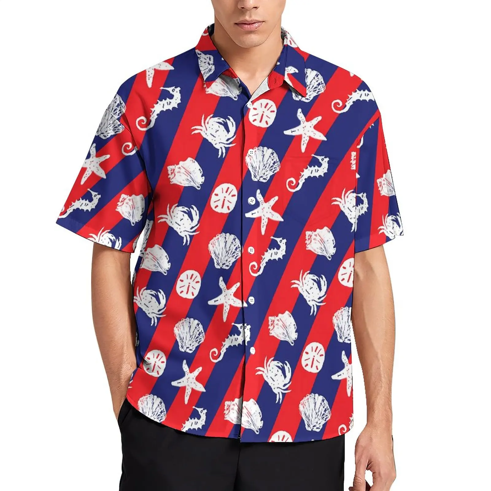 

Starfish Print Casual Shirts Red Blue Stripe Beach Shirt Hawaiian Harajuku Blouses Men Printed Big Size 3XL 4XL