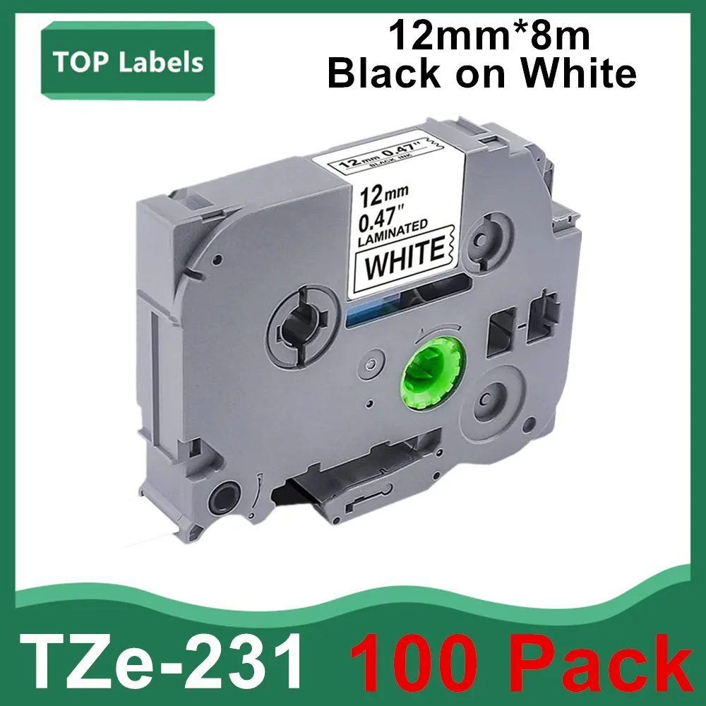 

100PK Replacement 12mm 0.47 Inch Laminated White TZe231 TZ231 Labels TAPE Maker for Brother PT-D200 PT-D210 PT-D400 Label Maker