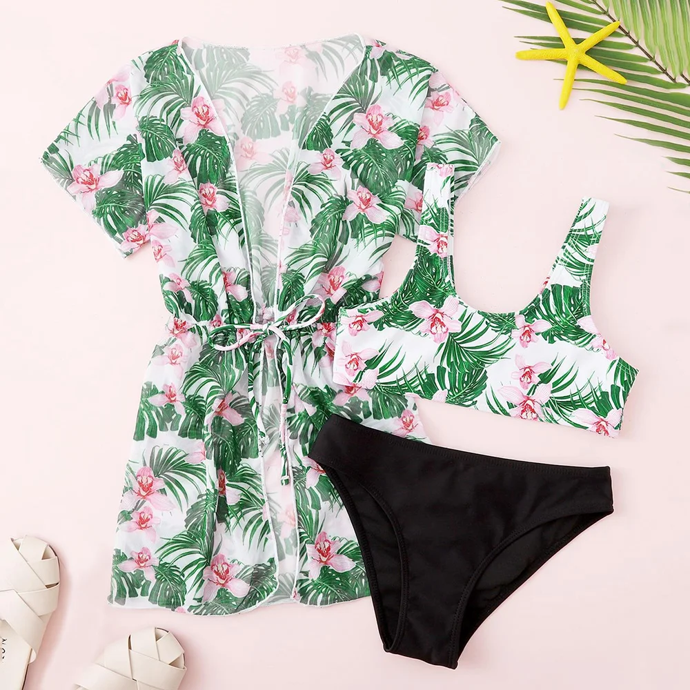 

3pack Girls Bikini Swimsuit Kids with Mesh Cover Up Tropical Floral Children's Swimwear 7-14 Years Teen Bathing Suit Beachwear