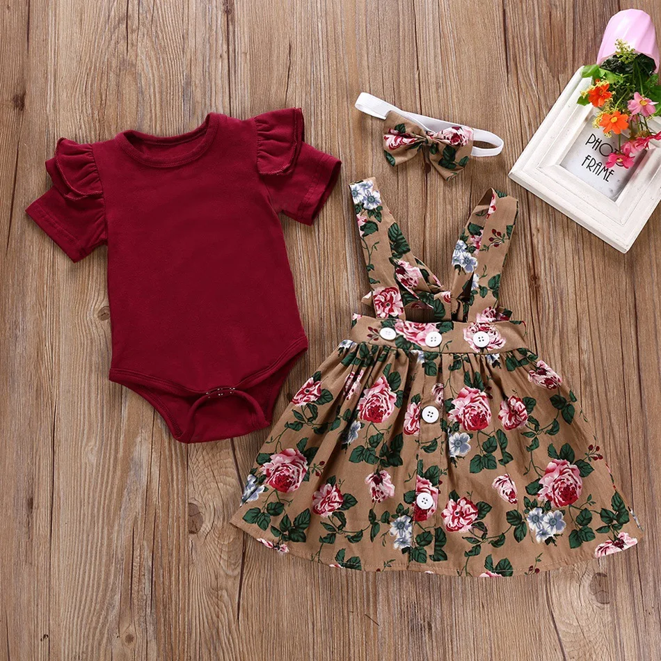 

0-24M Newborn Toddler Baby Girl Clothes Ruffle Wine Red Top Romper Floral Print Strap Skirt Dress Outfit Clothes Set