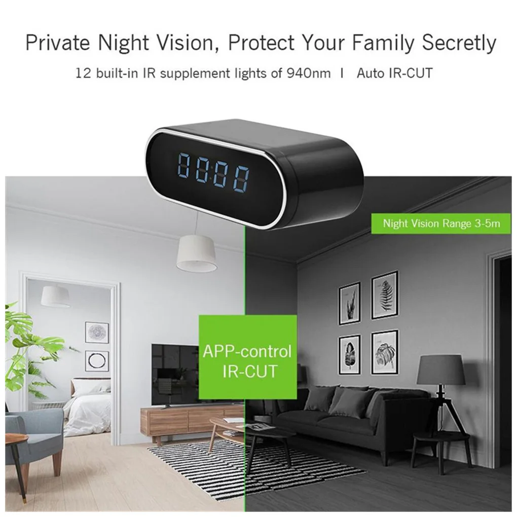 

WiFi Clock Wireless 1080P HD Digital Wide Angle Video Camera Night View Phone Remote Cam Camcorder with Microphone