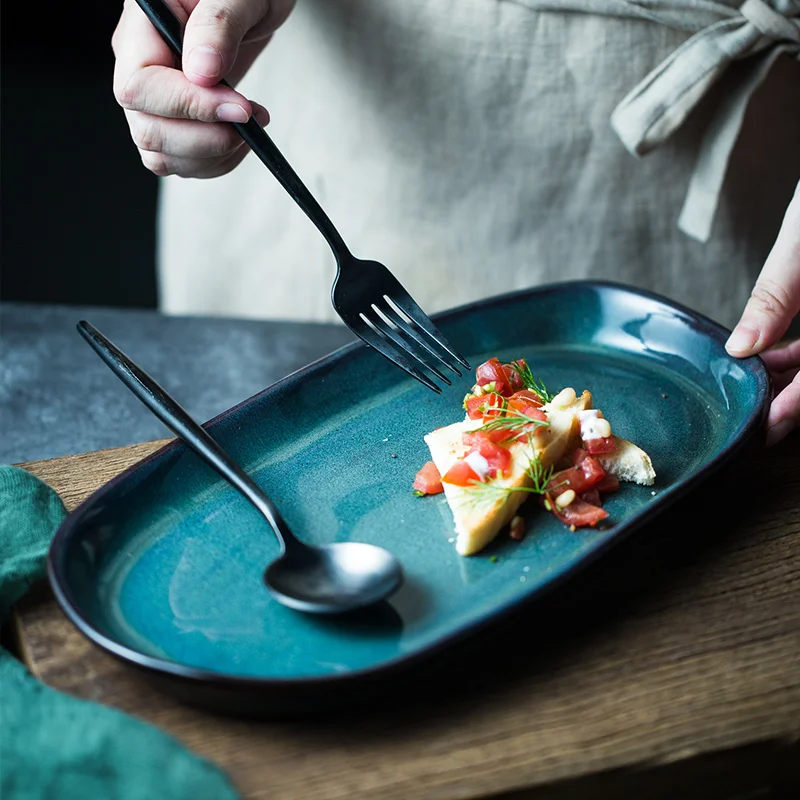 

Dark Green Handmade Long Plate Stoneware Old Irregular Dinner Plate Fish Plate Sushi Plate Vintage Fruit Plate Shallow