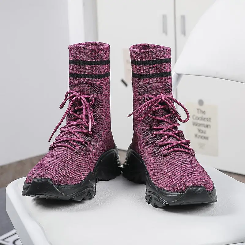 Autumn Women Sock Boots Slip on Elastic Ankle Boots Anti-Skid Stripe Platform Casual Sport Shoes Cushioning Knitted work Boots