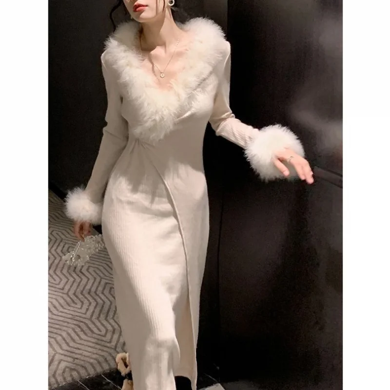 

French Retro Temperament Knitted Dress Autumn And Winter New Furry Fur Collar Slim Waist Package Hip Open Fork Tight Long Dress