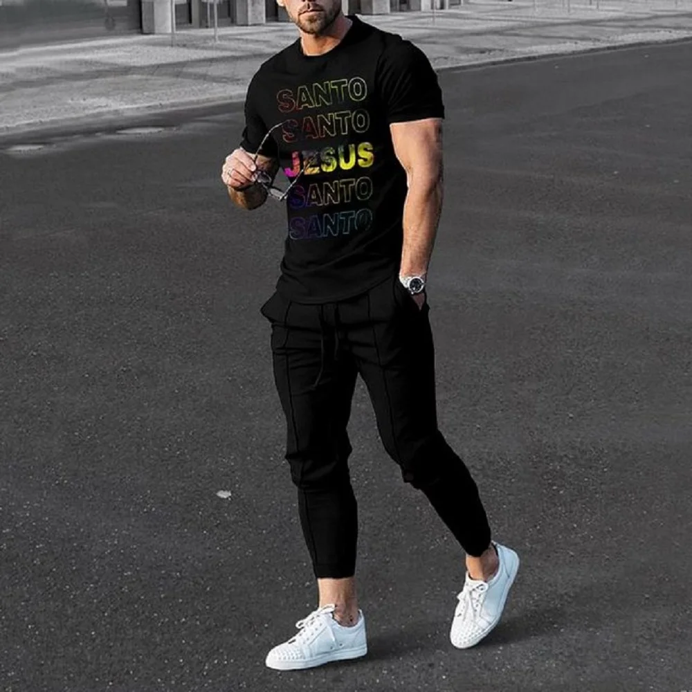 Summer Tracksuit Men Short Sleeve Letter K Casual Trousers Outfit 2 Piece T Shirt Long Pants Set Streetwear Blue Sport Suits