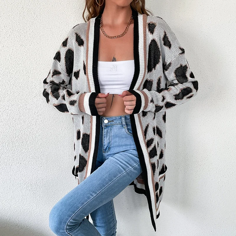 

Женский вязаный кардиган с леопардовым принтом, прямой Свободный Длинный Кардиган с длинным рукавом, Осень-зима 2022