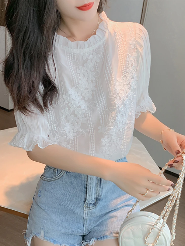 

Summer Women Blouse Short Sleeve Embroidery Lace Chiffon Blouse Elegant Chic Shirt Blouse