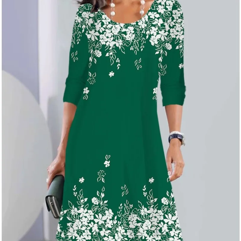 

Women's Summer A-line Casual Comfortable Dress Flower Pullover Fashion Print Mid Waist Round Neck Mini Long Sleeve Loose Fit