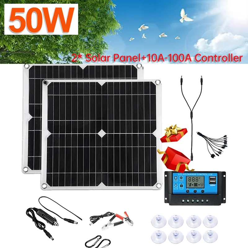 

50W Solar Energy System Power Generation Panel 5V 2 USB 18V DC 100A Controller Outdoor Portable Waterproof Charging Plate Pv Kit