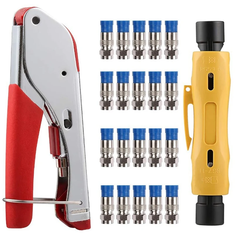 

Coax Cable Crimper Coaxial Rg6 Compression Tool Kit with 20PCS F RG6 Connectors, Double Ended Coax Stripper for RG7/11