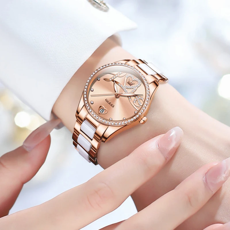 Часы женские Кварцевые водонепроницаемые с керамическим ремешком и алмазной