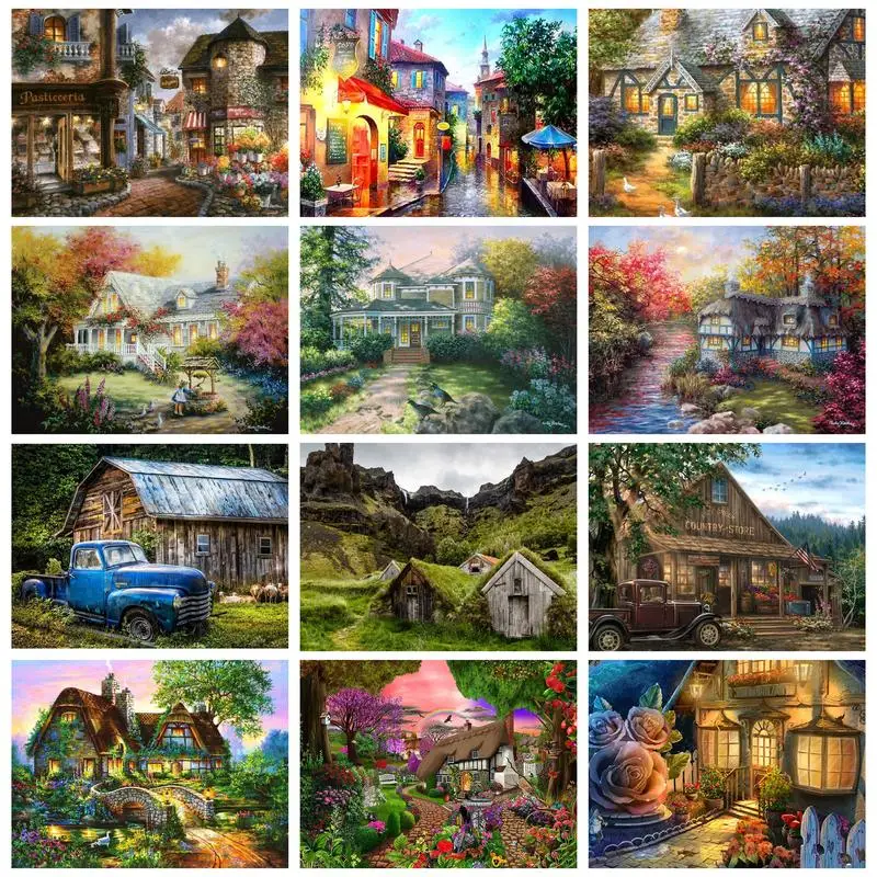 

GATYZTORY Acrylic Painting By Numbers For Handicrafts Countryside Town Landscape Wall Decors Picture Coloring Wooden House
