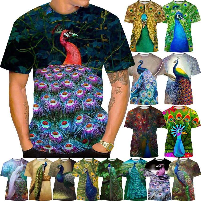 

New Hot Sale Beautiful Peacock Short-sleeved T Shirt Casual Fashion Animal Printed T Shirt Man and Women Colorful Bird Top