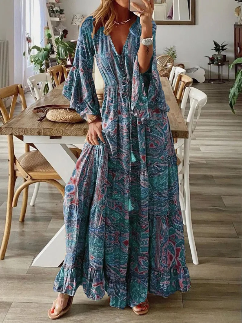 

Women Bohemian Maxi Dress Spring Summer Elegant Floral Print Long Sleeve Dresses Holiday Casual V-Neck High Waist Long Vestidos