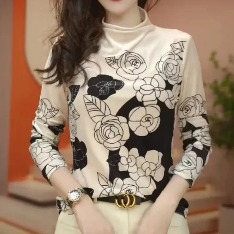 

Autumn Winter New Floral Print Tops Gold Velvet Blouse Fashion Half High Collar Long Sleeve Shirt Women Slim Fit Clothes 29605
