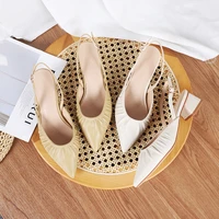 chunky heel sandals for women daily shoe summer woman pumps solid buckle strap pleated fashion mid heel ladies office high heels