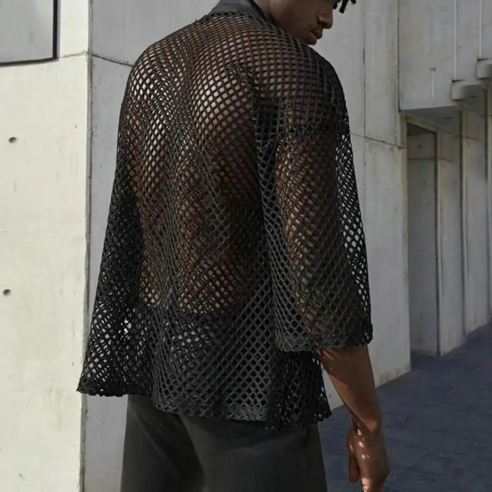 

Sexy Club Shirt Coat Hollow Out Loose Men Club Shirt Mid Length Club Shirt Coat