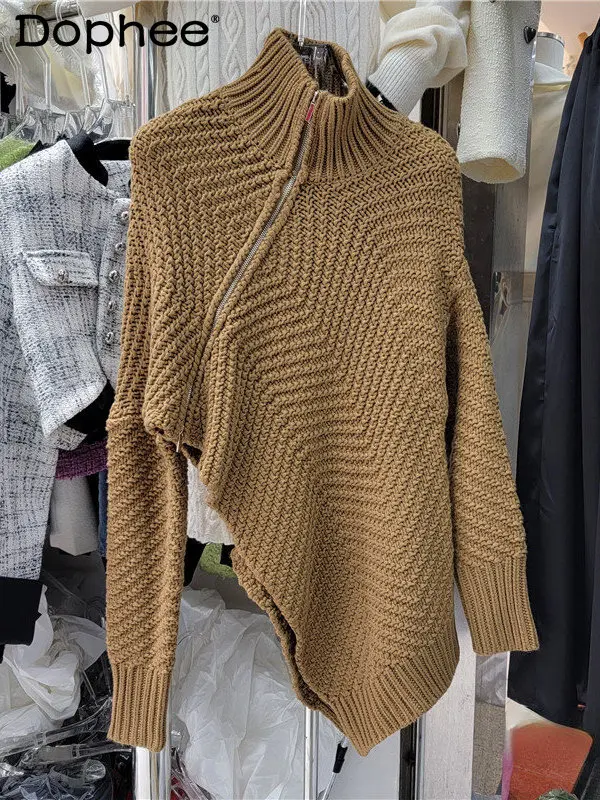 

Женский Асимметричный вязаный кардиган, свитер с высоким воротником и косым рукавом летучая мышь, Осень-зима 2022