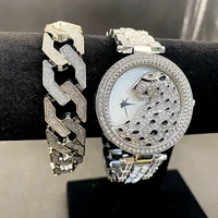 2pcs iced out watch for women bling bling cz bracelet leopard wrist watch luxury diamound watches women jewelry set reloj mujer