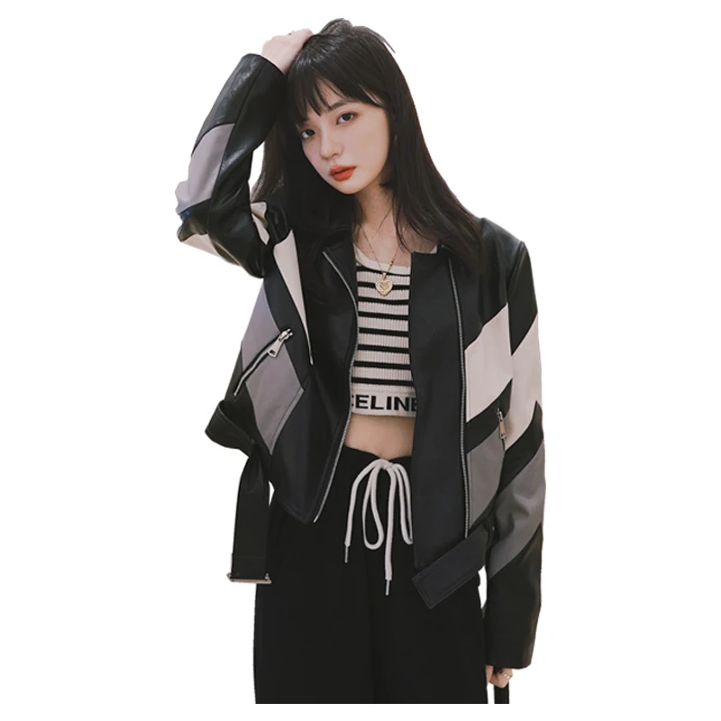 New 2023 Fashion Spring Jacket Women Black Korean Short Leather Biker Coat Lady Zipper Female Pu Streetwear Adjust Waist Clothes