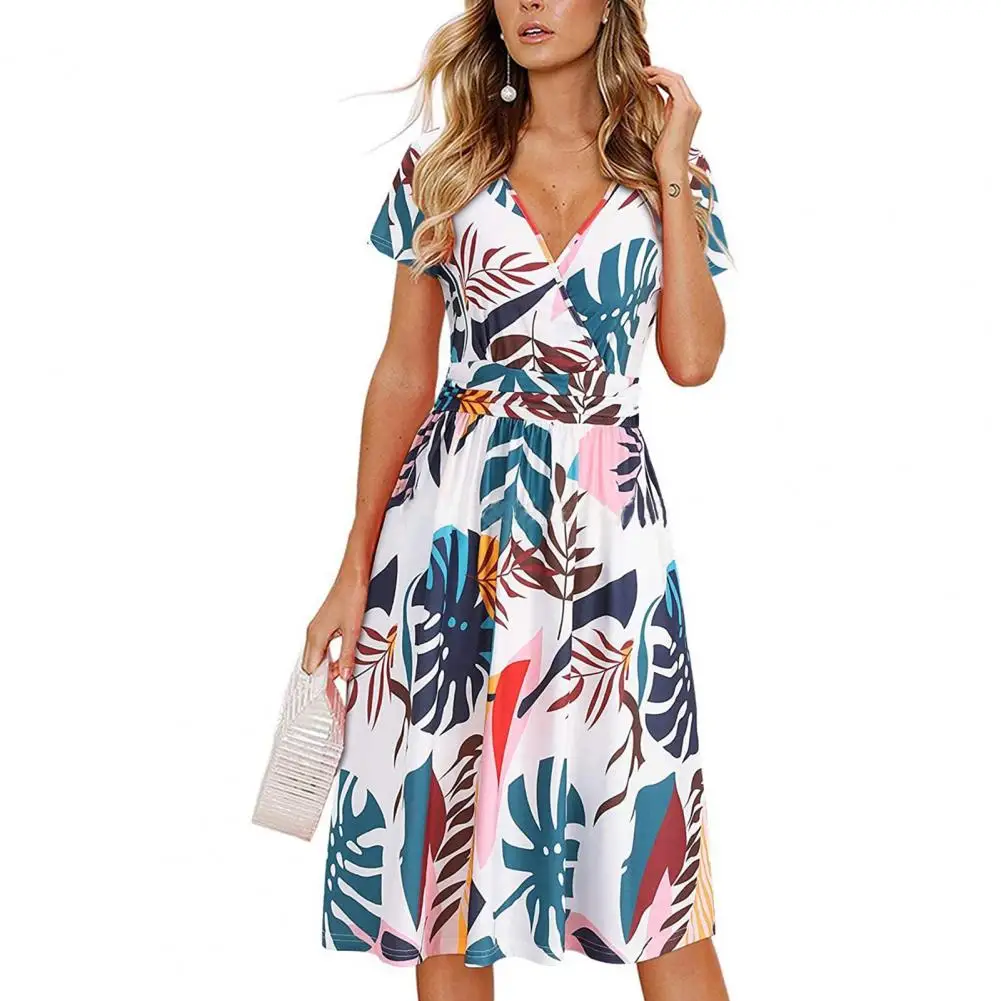 

Women Midi Dress Deep V Neck Short Sleeve Floral Print A-line Loose Hem Pleated Mid-calf Length High Tight Waist Lady Elegant Lo