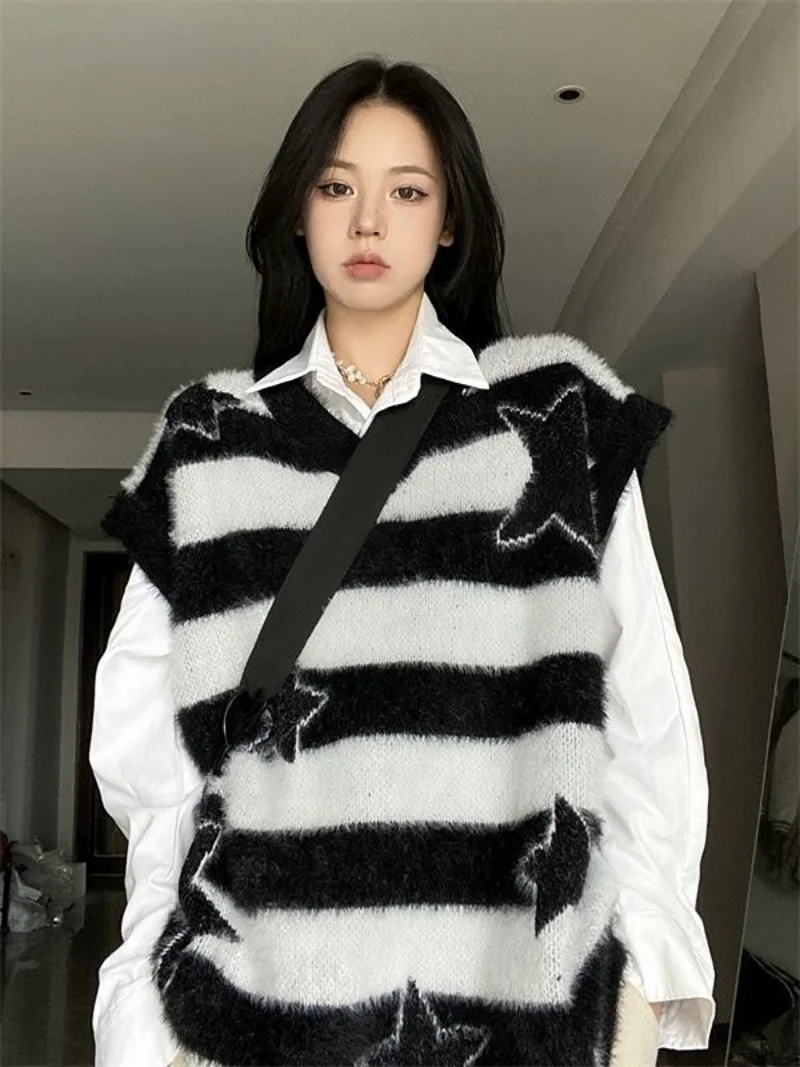 

Autumn Winter Star Striped Long Sleeve Sweater Women Jumpers Aesthetic Clothes Casual Versatile Solid O-neck Knitted Pullover