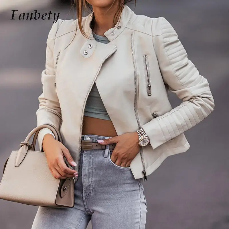 

Fashion Solid Zipper Turn-down Collar Coat Autumn Women Cool Faux Leather Jacket Long Sleeve Motorcycle Biker Short Outerwear