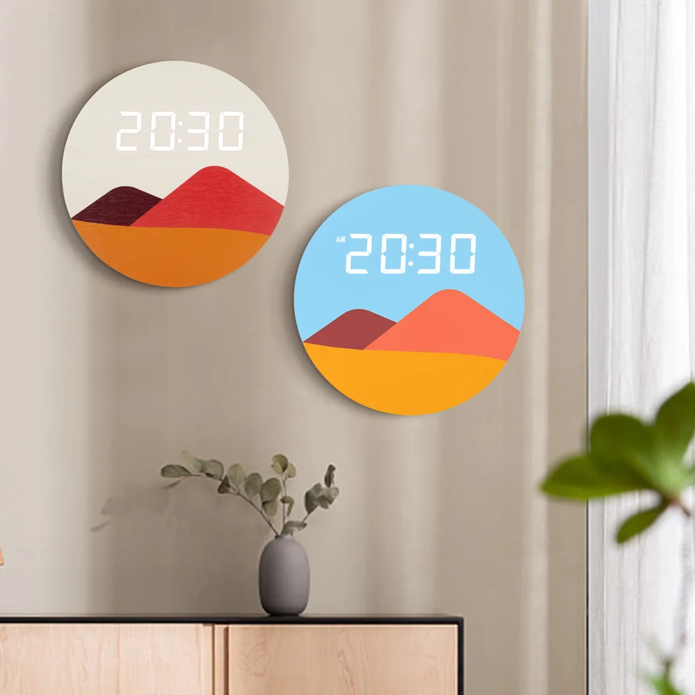 

LED Sunrise Wall Clock 3D Luminous Wooden Digital Clock Nordic Style Home Living Room Decor Creative Bedroom Silent Clocks