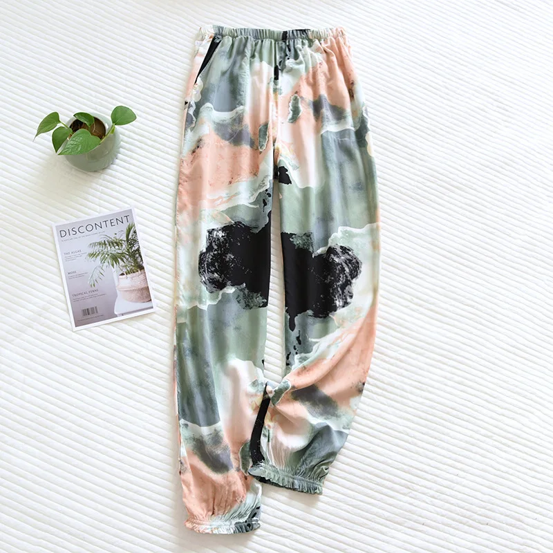 Fdfklak Casual Pantalones De Mujer Printing Loose Sleepwear Pant For Women Cotton Rayon Home Wear Pajamas Pants Female Trousers