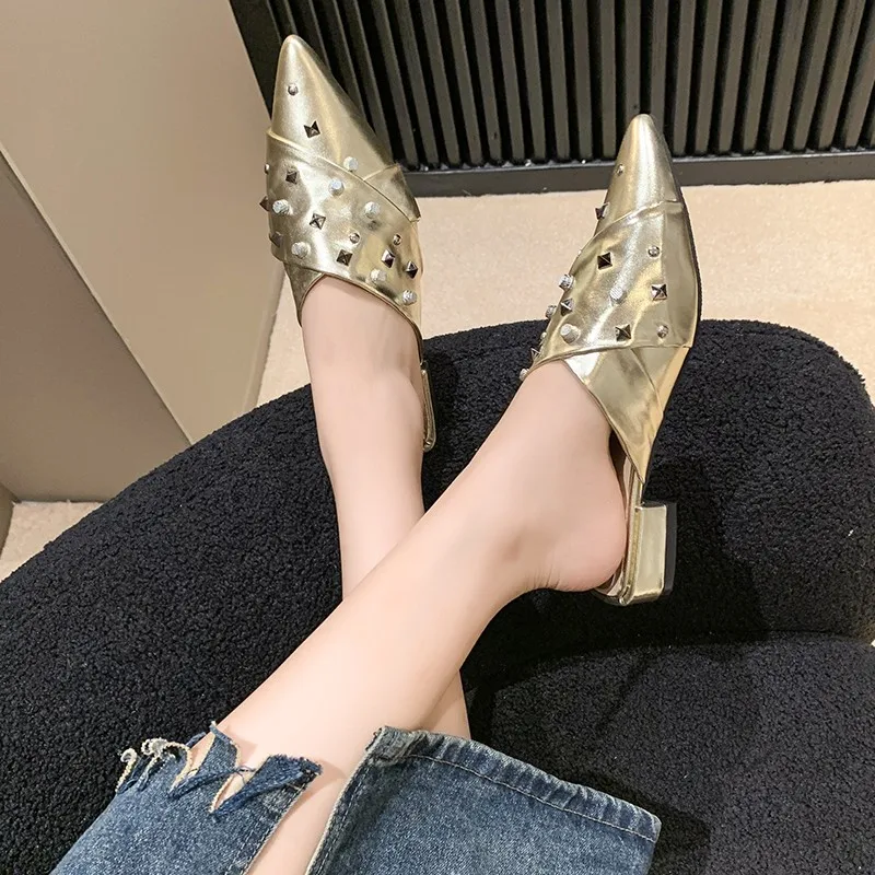 

Pointed Toe Mules For Women Slippers Shoes Rivet 2023 Summer Fashion Ladies Flats Shoes Outdoor Beach Female Slippers Slides