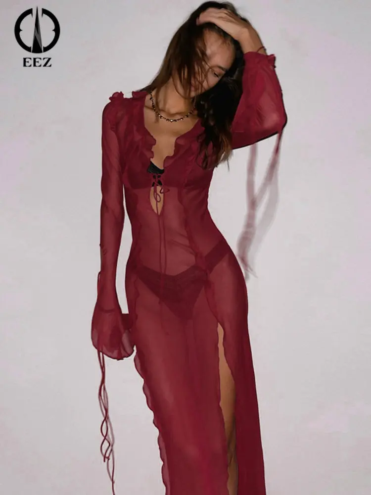 

Mesh See Through Beach Dress Women Summer Elegant Bandage Ruffles Coquette Slim Maxi Dresses Sexy Vacation Party Club Outfits