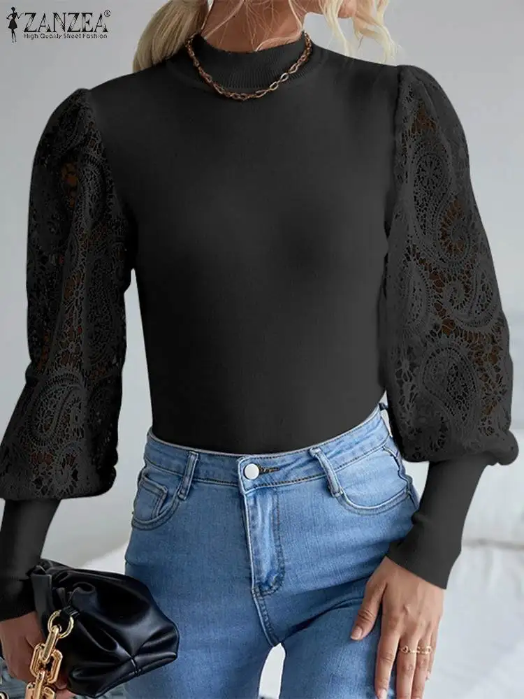 

ZANZEA Autumn Casual Knitted Blouses Women Fashion Turtleneck Elegant Lace Puff Sleeve Blusa 2022 Tight Fitting Solid Color Tops