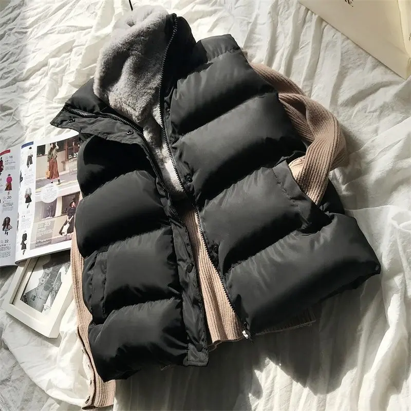 

Sleeveless Down Vest Women Stand Collar Cotton Padded Puffer Vests Autumn Winter Short Parkas Jacket Female Wave Cut Waistcoat