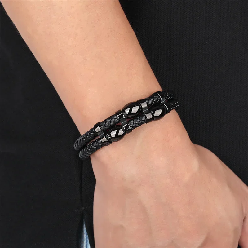 Fashionable Cross-Border Style Men's Genuine Leather Titanium Steel Punk Bracelet Black Versatile Stainless Unique Wristba