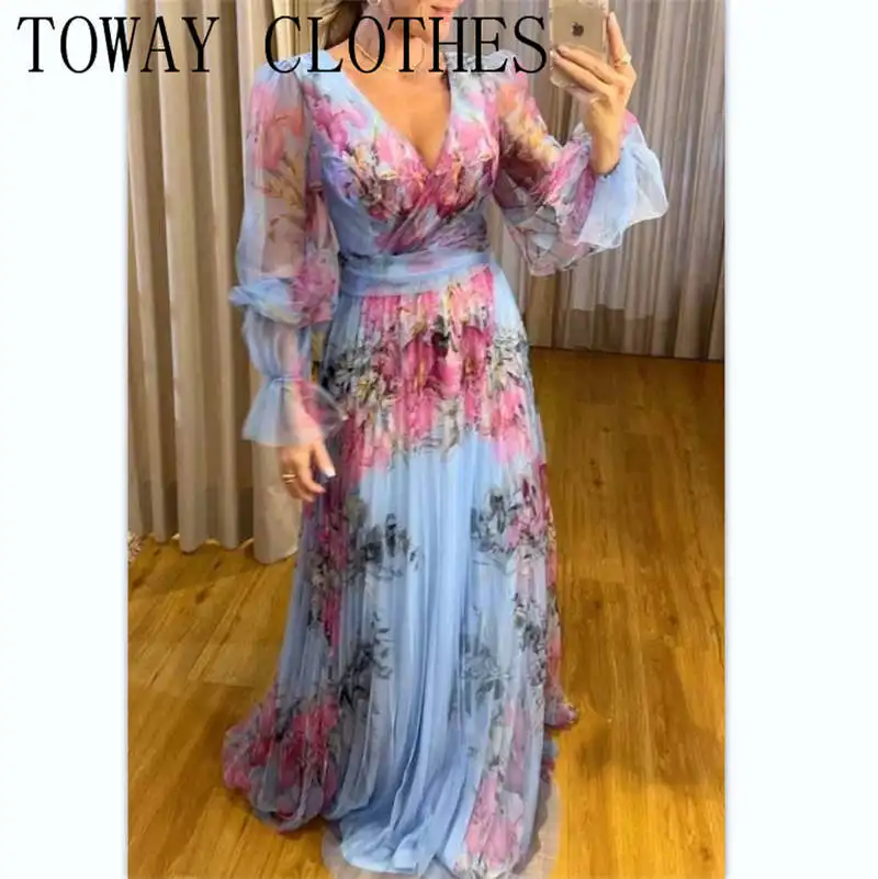 

Spring Elegant V-neck Pleat Long Dress Women Casual Long Sleeve Floral Print Party Dress Office Elegant Lady Waist Mesh Dresses