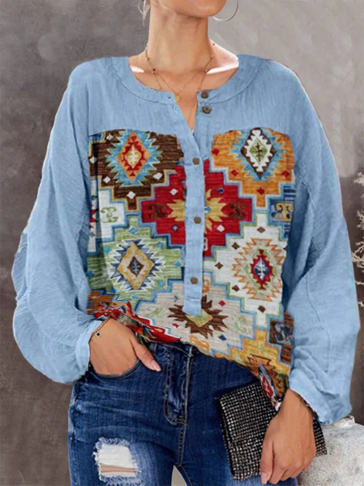 

Винтажные блузки с принтом для женщин, модные свободные уличные рубашки с круглым вырезом и длинным рукавом, женские повседневные блузки и ...