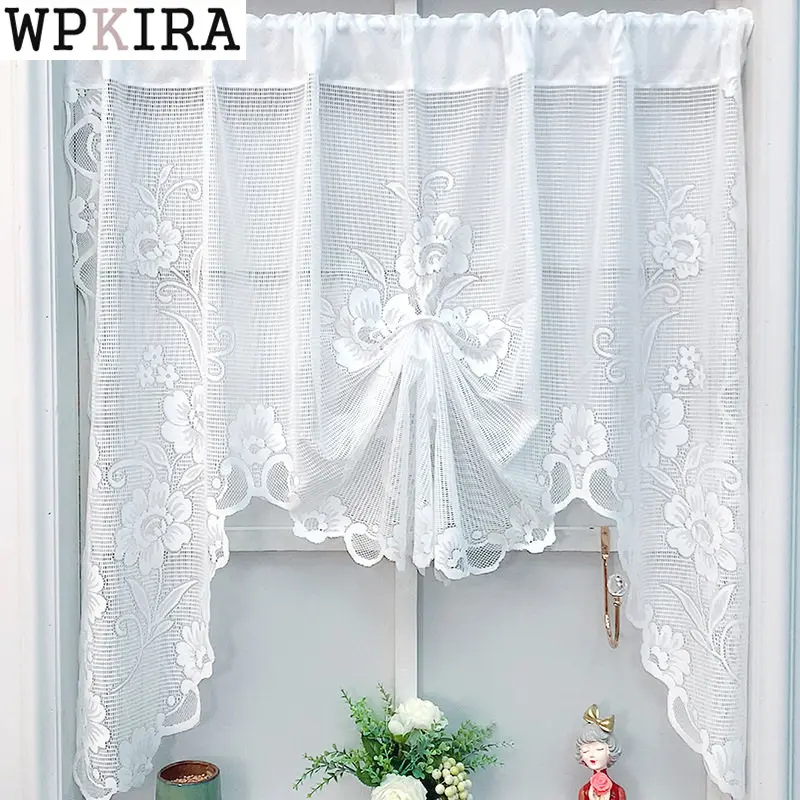 

American White Floral Lace Pull Curtain Roman Lifting Sheer Voile Drape Door Bay Window Kitchen Partition S195#D