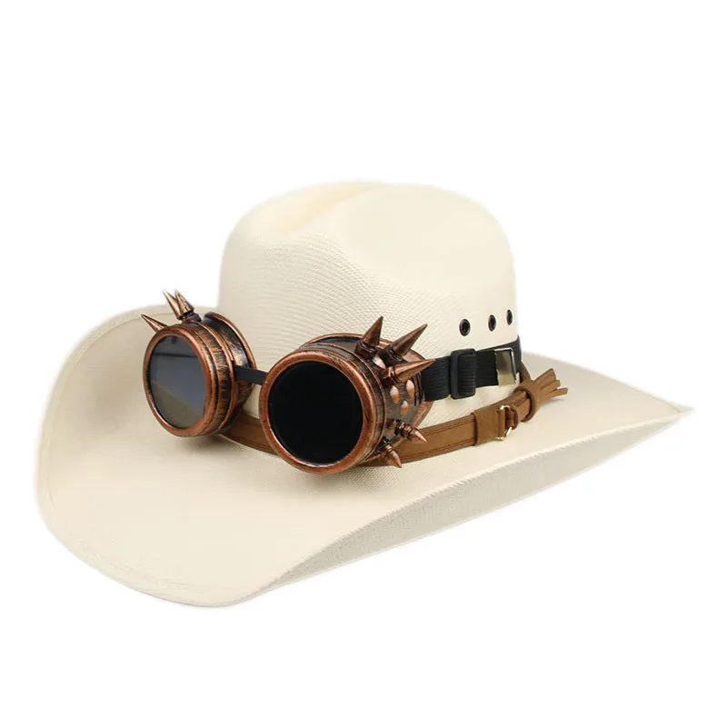 Women Men Retro Rivet Bronze Goggles Yellowstone Beach American Western Wide Brim Cowboy & Cowgirl Sun Hat Pinch Front   57-61cm