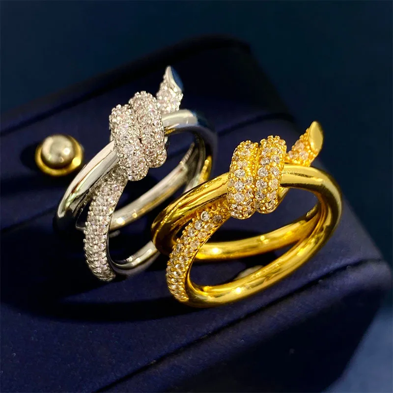 

18K Gold Filled AAA Zircon Twist Knot Rings Women Jewlery Designer T Show Club Cocktail Party Rare Japan Korean