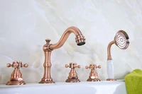 antique red copper brass three cross handles deck mounted 5 holes bathroom tub faucet mixer tap with handshower mtf223