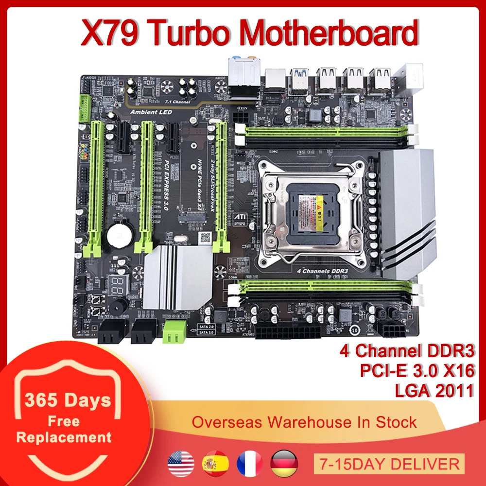 Фото Материнская плата X79 Turbo LGA 2011 4 канала DDR3 PCI-E 3 0 X16 USB 2 SATA NVME M.2 SSD для Intel LGA2011 ПК