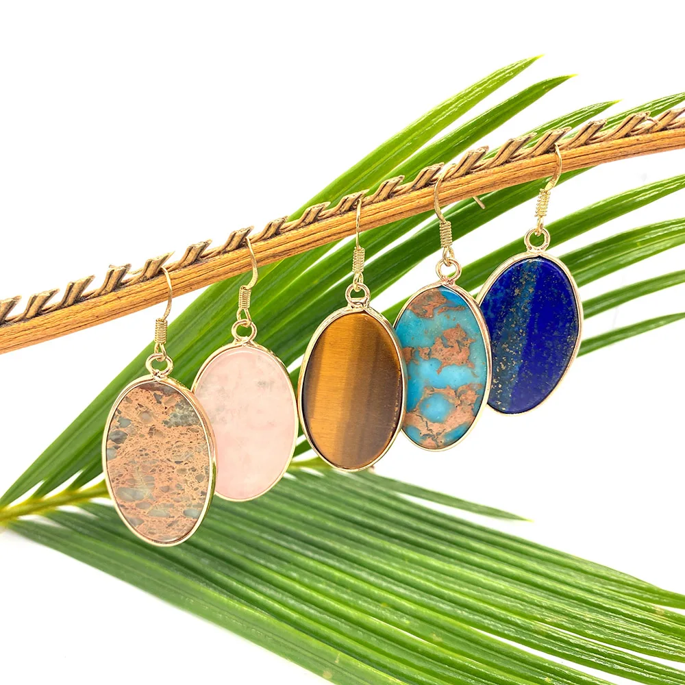 

Natural Stone Oval Pendant Earrings 19x35mm Tiger Eye Lapis Lazuli DIY Elegant Lady Stud Earrings Charm Jewelry Wholesale Pair