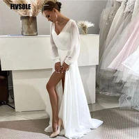fivsole aso ebi leg slit wedding dresses long sleeves chiffon beach plus size v neck wedding gowns for bridal vestidos de novia